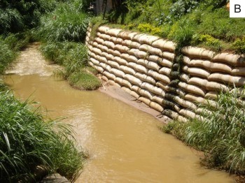 Figura 21 – Estruturas de proteção/contenção das margens do ribeirão São Bartolomeu, município de Viçosa, MG: Concreto envelopado 