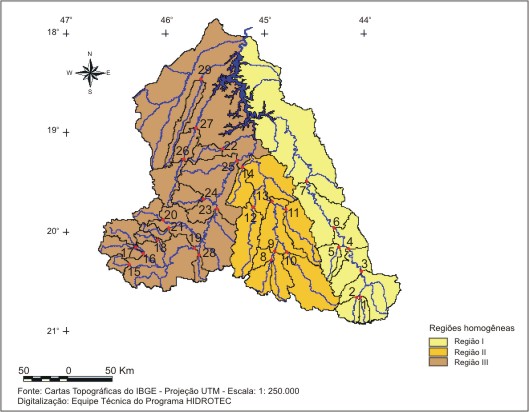 Figura 1 - Localização das sub-bacias estudadas nas regiões hidrologicamente homogêneas identificadas para as vazões médias e mínimas, na região do Alto São Francisco, em Minas Gerais