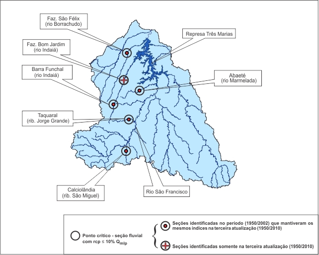 Figura 5 - Localizaçao das seçoes fluviais (estaçoes) que apresentaram baixa capacidade de regularizaçao<br> natural na bacia do rio das Velhas