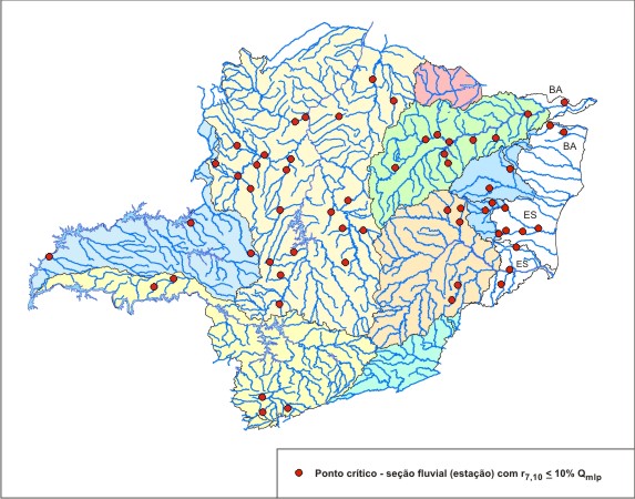 Figura 2 - Localizaçao das seçoes fluviais (estaçoes) que apresentaram baixa capacidade de regularizaçao natural<br> nas regioes hidrográficas mineiras e áreas adjacentes pertecentes ao Estado do Espirito Santo e Bahia