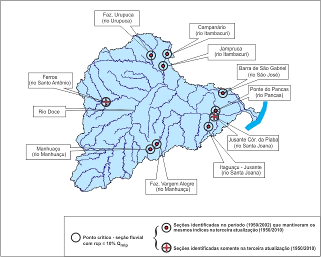 Figura 5 - Localização das seções fluviais (estações) que apresentaram baixa capacidade de regularização natural na região hidrográfica da bacia do rio Doce