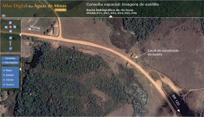 Figura 6 - Imagem de satélite de parte da estrada vicinal dos Cristais (Viçosa – BR120) com a localização do bueiro interceptando a referida estrada.