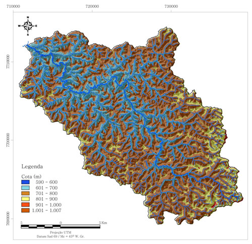 Figura 6 - Modelo digital de elevação (MDE) da bacia rio Turvo Sujo