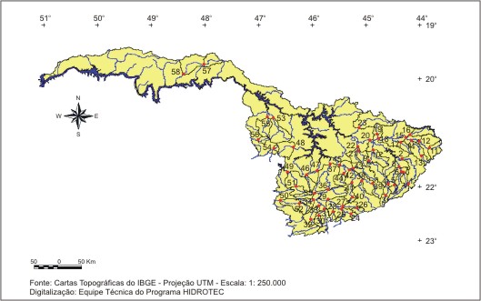 Figura 1 - Regiões hidrologicamente homogêneas e localização das sub-bacias, na bacia do rio Grande