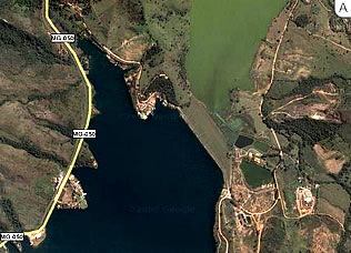 Figura 7 -  Vista do <i>Dique de Capitólio</i>, novo divisor das   águas  das bacias do Grande e São Francisco: A - Imagem de satélite; B - carta geográfica.