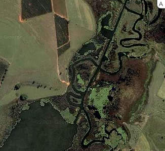 Figura 9 – Final do <i>Canal do Rio Piui</i> no terceiro lago formado pela construção do dique: A -  Imagem satélite; B - Carta geográfica.