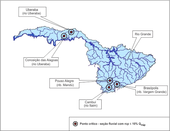 Figura 3 - Localizaçao das seçoes fluviais (estaçoes) que apresentaram baixa capacidade de regularizaçao<br> natural na bacia do rio das Velhas