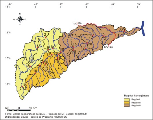 Figura 1 - Regiões hidrologicamente homogêneas e localização das sub-bacias, na bacia do rio Jequitinhonha