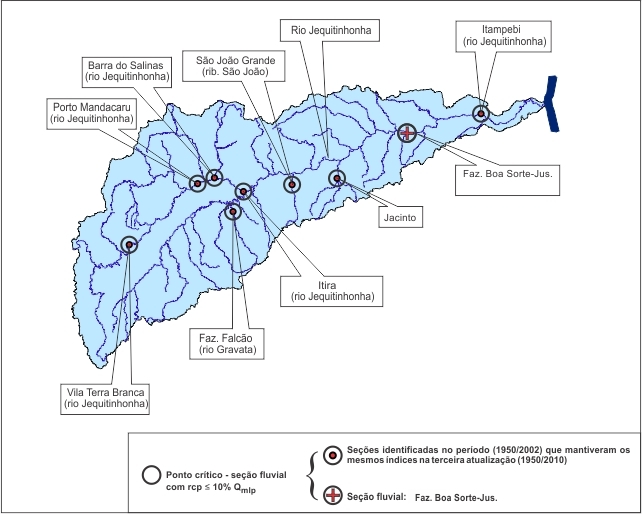 Figura 5 - Localização das seções fluviais (estações) que apresentaram baixa capacidade de regularização natural na bacia do rio Jequitinhonha e sub-bacia do rio Pardo