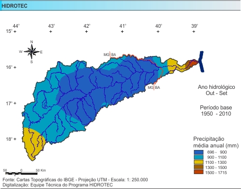 Figura 1 - Mapa da Precipitação Média Anual (mm/ano), da bacia do rio Jequitinhonha