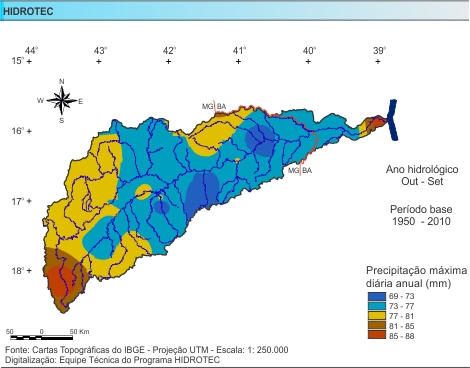 Figura 3 - Mapa da Precipitação Máxima Diária Anual (mm/ano), da bacia do rio Jequitinhonha