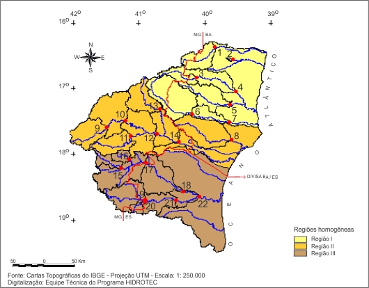 Figura 1 - Localização das sub-bacias estudadas nas regiões hidrologicamente homogêneas identificadas para as vazões médias e mínimas, na bacia do  rio Jequitinhonha e sub-bacia do rio Pardo