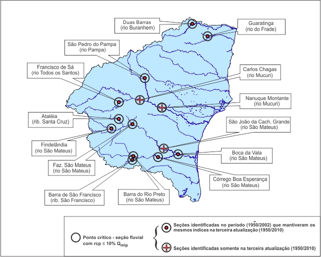 Figura 5 - Localização das seções fluviais (estações) que apresentaram baixa capacidade de regularização natural na região hidrográfica das bacias do Leste