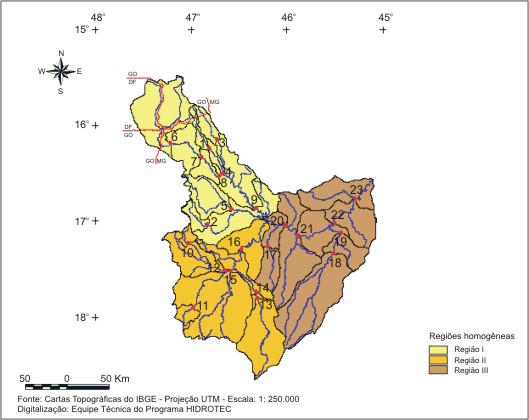 Figura 1 - Regiões hidrologicamente homogêneas e localização das sub-bacias, na bacia do Paracatu