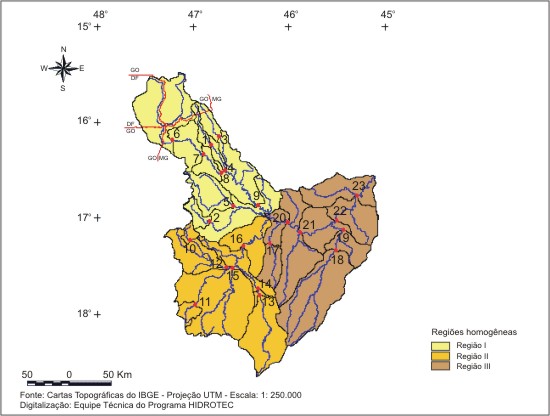 Figura 1 - Localização das sub-bacias estudadas nas regiões hidrologicamente homogêneas identificadas para as vazões médias e mínimas