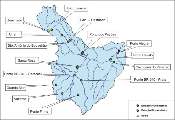 Figura 1 - Localização das estações fluviométricas e  pluviométricas, na bacia do rio Paracatu