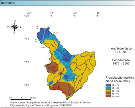 Figura 3 - Mapa da precipitação máxima diária anual (mm/ano), da bacia do rio Paracatu