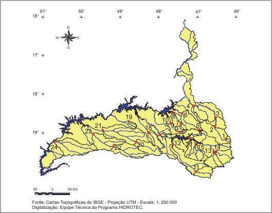 Figura 1 - Regiões hidrologicamente homogêneas e localização das sub-bacias, na bacia do rio das Velhas