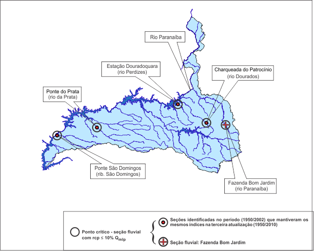 Figura 5 - Localizaçao das seçoes fluviais (estaçoes) que apresentaram baixa capacidade de regularizaçao<br> natural na região hidrográfica do rio Paraníba
