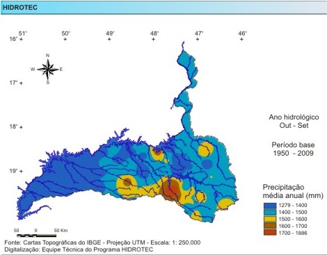 Figura 1 - Mapa da precipitação média anual (mm/ano), da bacia do rio Paranaíba