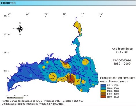 Figura 2 - Mapa da precipitação do semestre mais chuvoso (mm), da bacia do rio Paranaíba