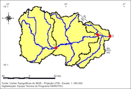 Figura 1 - Localização das sub-bacias estudadas nas regiões hidrologicamente homogêneas <br />identificadas para as vazões médias e mínimas, na bacia do  rio Jequitinhonha e sub-bacia do rio Pardo