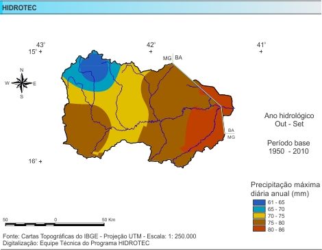 Figura 3 - Mapa da precipitação máxima diária anual (mm/ano), da bacia do rio Pardo