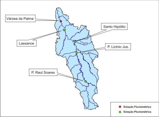 Figura 1 - Localização da estação fluviométrica e das estações pluviométricas, na bacia do rio das Velhas