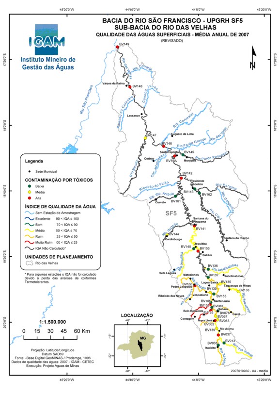 Figura 1 - Resultados do monitoramento da qualidade das águas da bacia do rio das Velhas, em 2006.