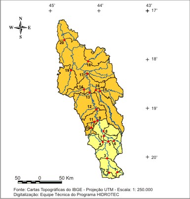 Figura 1 - Localização das sub-bacias estudadas nas regiões hidrologicamente homogêneas identificadas para as vazões médias e mínimas, no rio das Velhas